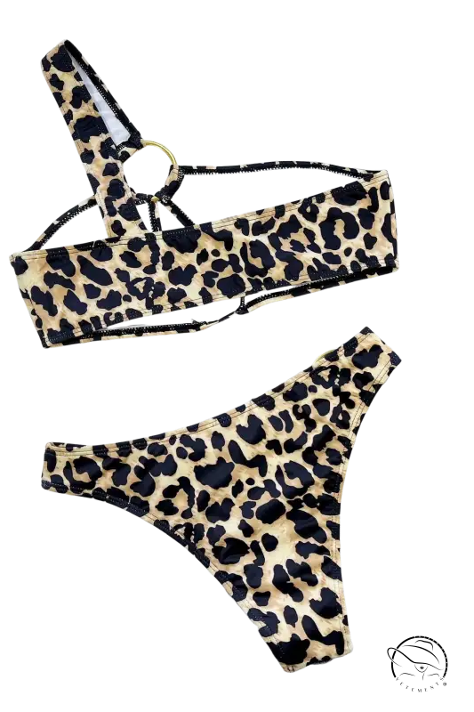 Boho animal print bikini with one-shoulder top and cutout strap