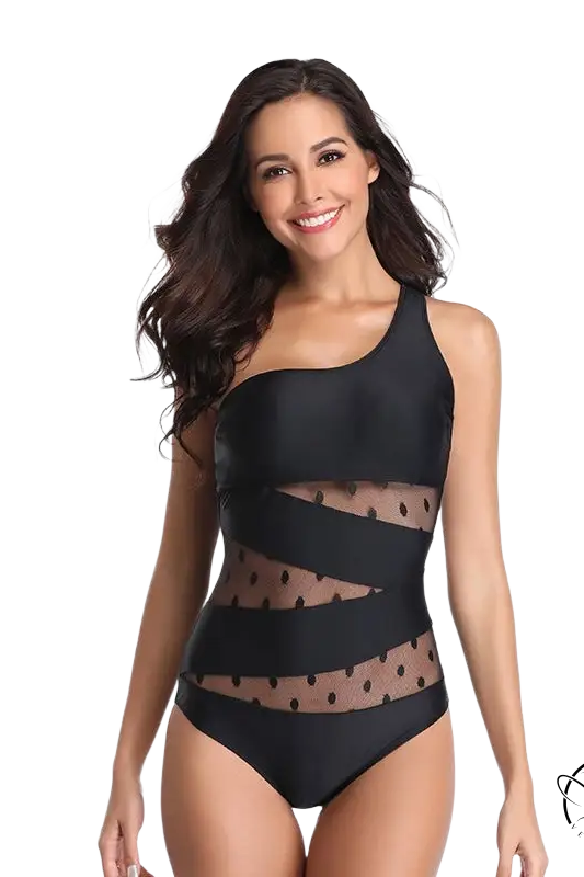 Boho asymmetric shoulder swimsuit in black with sheer polka-dot mesh panels, free shipping by Langry