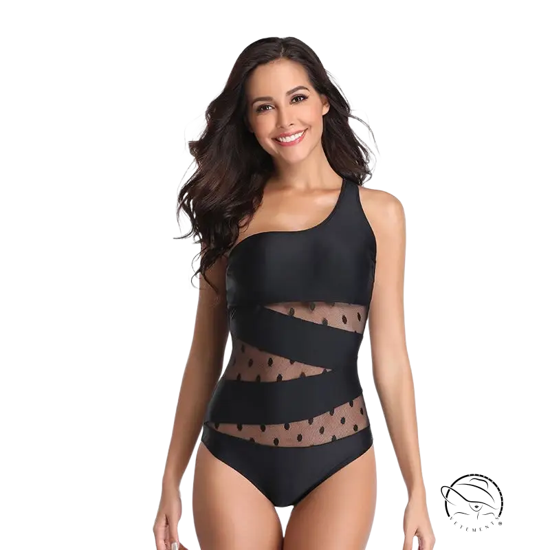 Boho asymmetric shoulder swimsuit in black with sheer polka-dot mesh panels, free shipping by Langry
