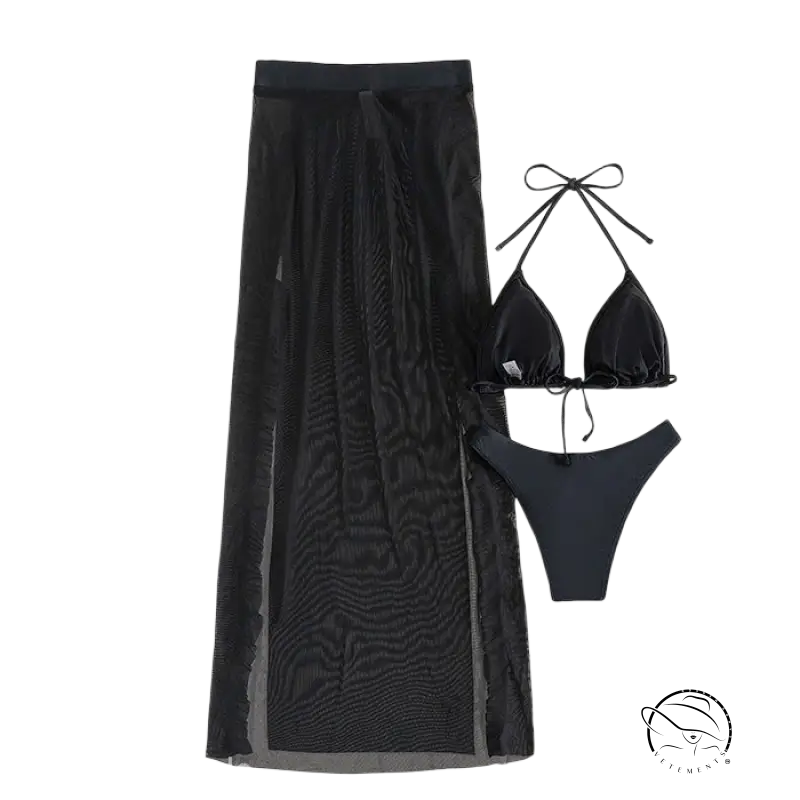 Boho backless three piece set swimsuit in black sheer mesh with slits