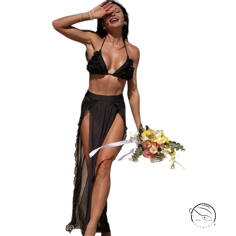 Boho three piece set swimsuit with black lace-trimmed halter bikini top and sheer high-slit skirt