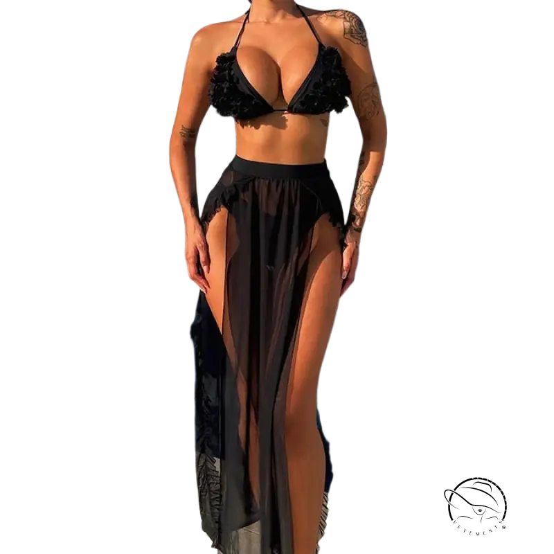 Boho backless three piece set swimsuit with black lace-trimmed bikini top and sheer high-slit skirt