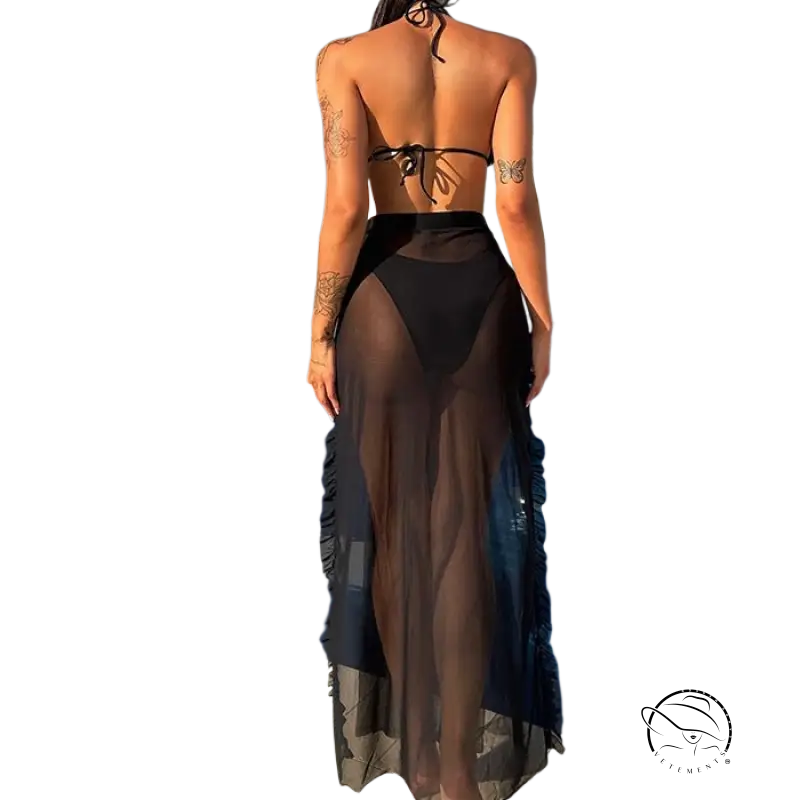 Boho three piece set swimsuit with black sheer mesh overlay skirt and ruffled hem