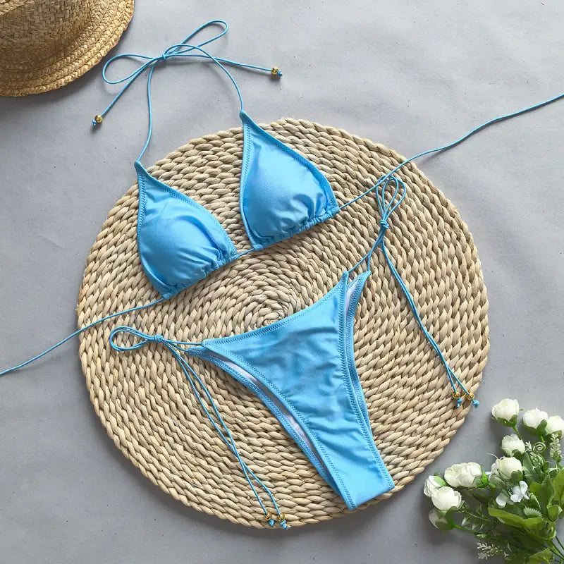 Light blue bikini rope sexy split for summer vacations with Boho Bikini Rope Halter Top