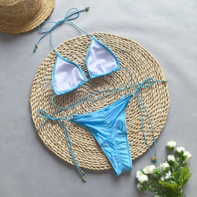 Light blue bikini rope sexy split for summer vacations displayed on Boho Bikini Rope Halter Top