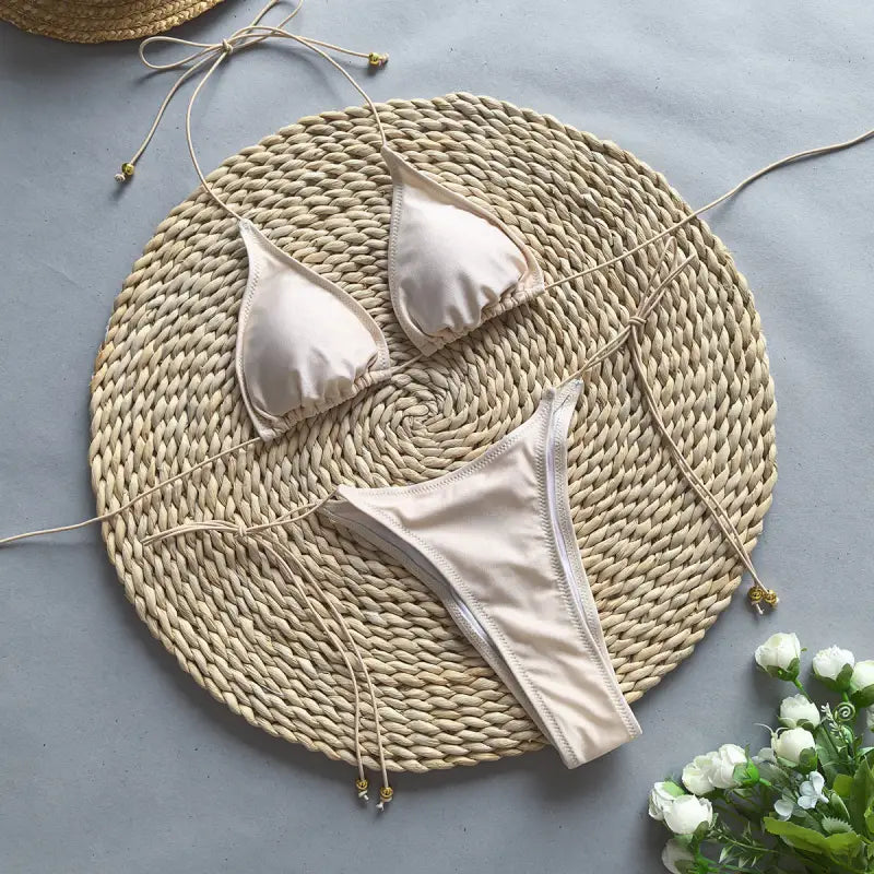 Beige rope sexy bikini split for summer vacations, Boho Bikini Rope Halter Top