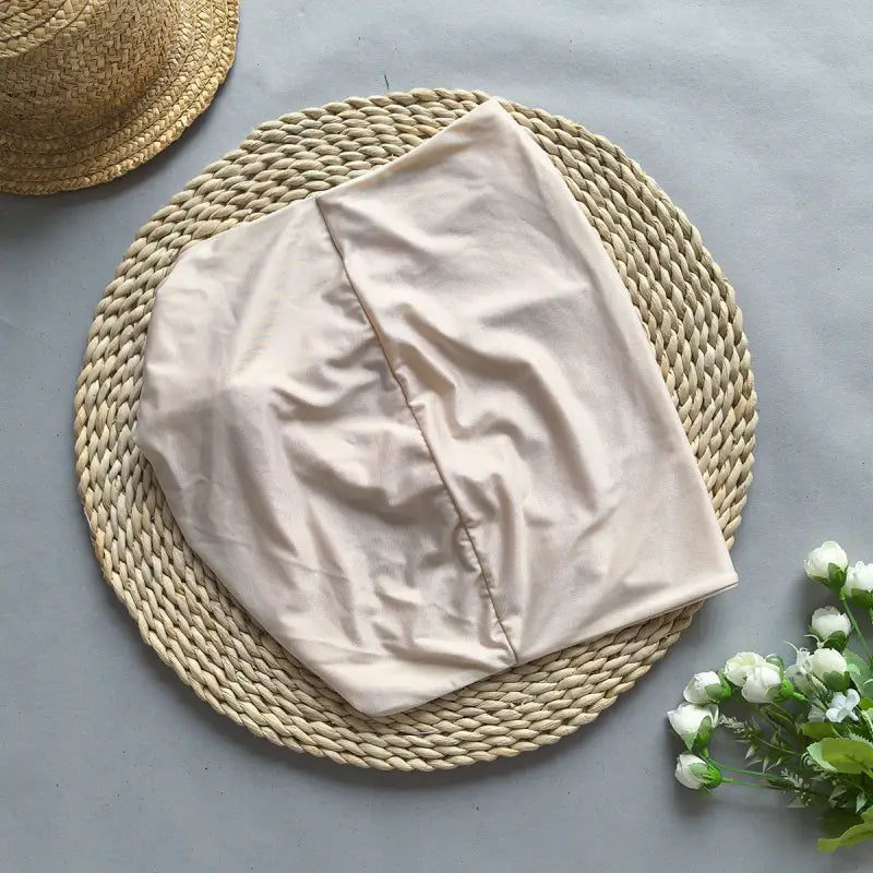 Beige fabric head covering on Boho Bikini Rope Halter Top for summer vacations