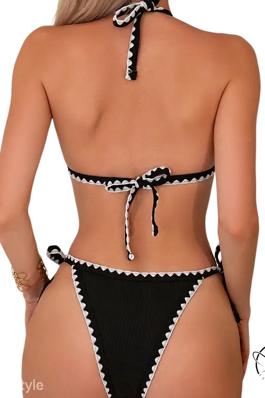Boho black & white crochet bikini with tie strap halter
