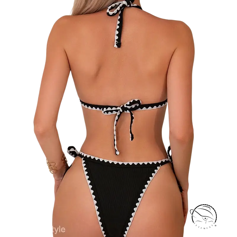 Boho black & white crochet bikini with tie strap halter