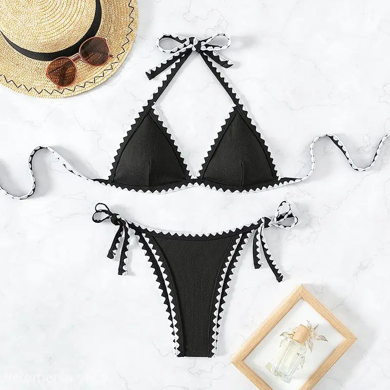 Boho Black & White Bikini with Tie Strap Halter, perfect summer black white bikini