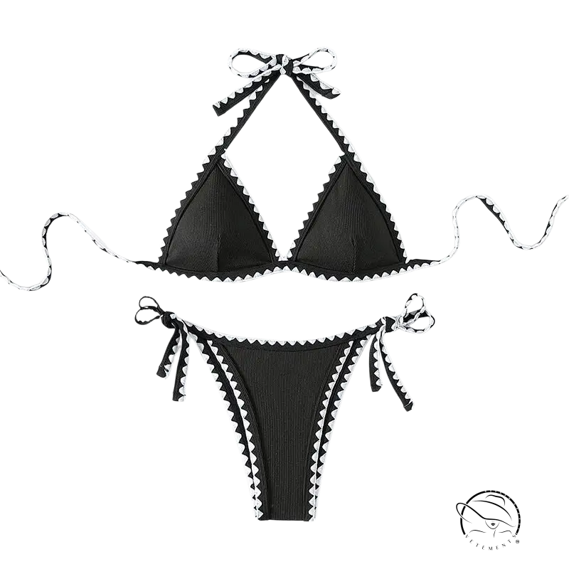 Boho black & white scalloped bikini with tie strap halter