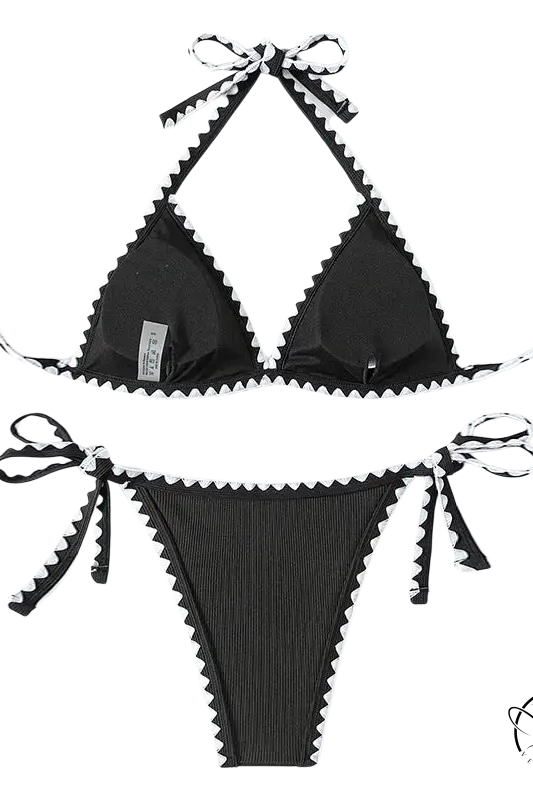Boho black & white bikini with scalloped edges and tie strap halter