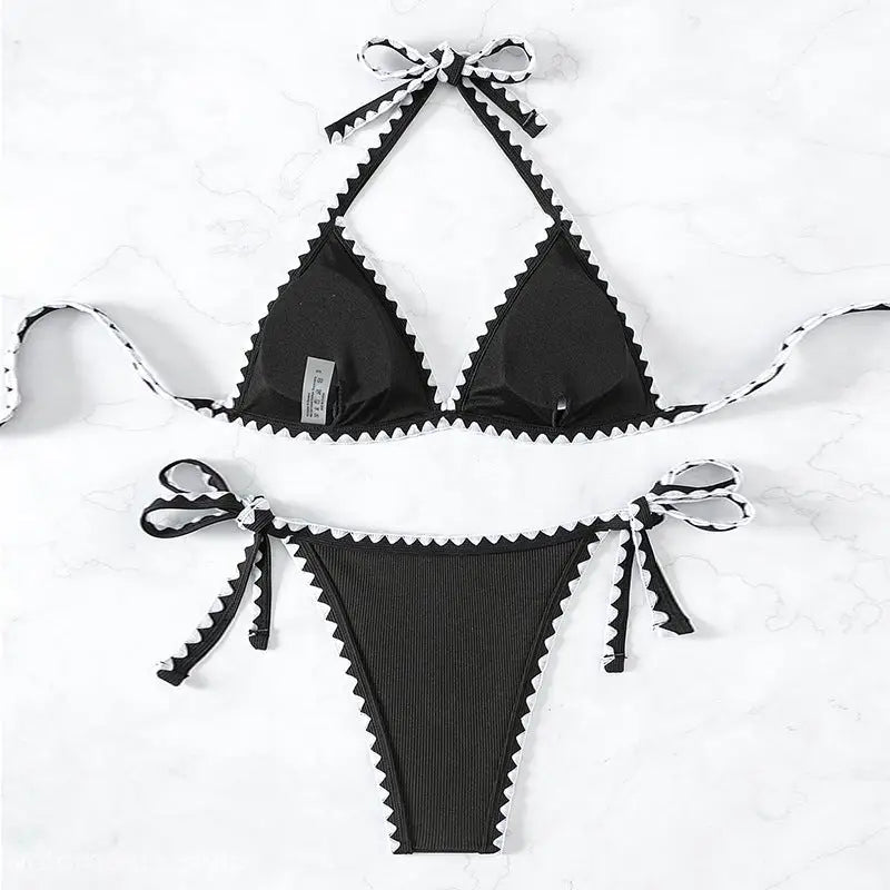 Boho Black & White Bikini with Tie Strap Halter for Summer, featuring a stylish black white bikini