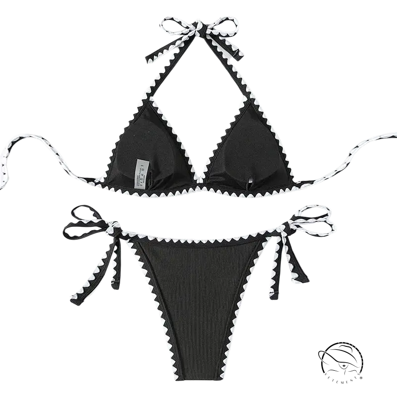 Boho black & white bikini with scalloped edges and tie strap halter