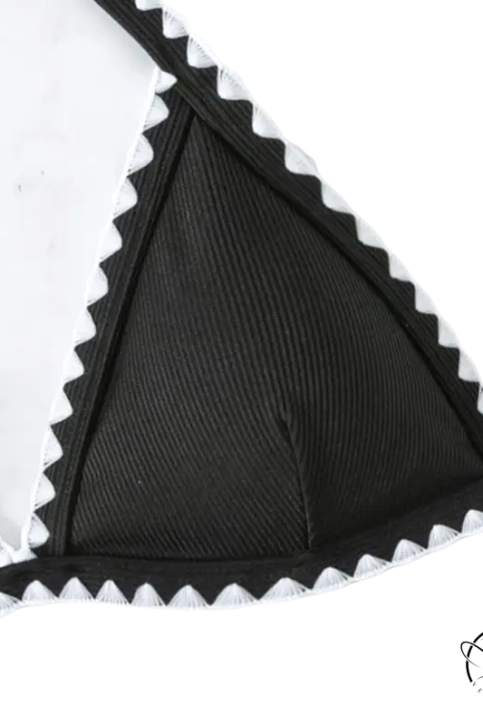 Boho black and white bikini top with ribbed fabric and scalloped trim