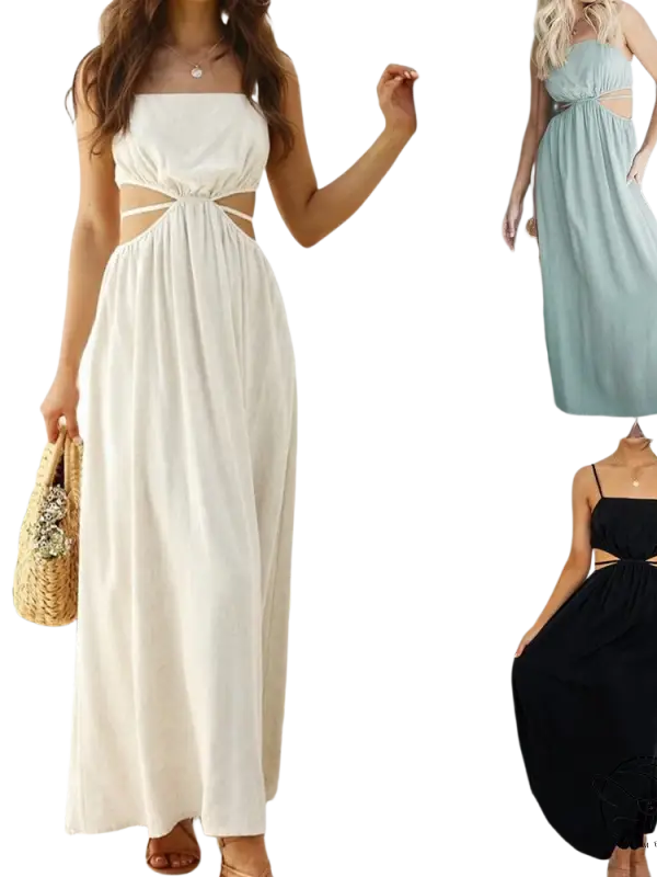 Boho cami dress with waist cutouts, long flowing maxi for summer vacations