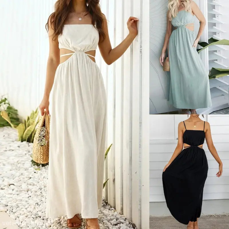 Long flowing cami dress with cutout details, perfect for summer vacations and stylish outfits