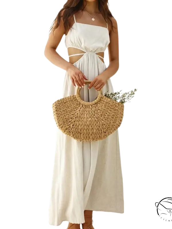 White cutout cami dress with spaghetti straps and knotted waist