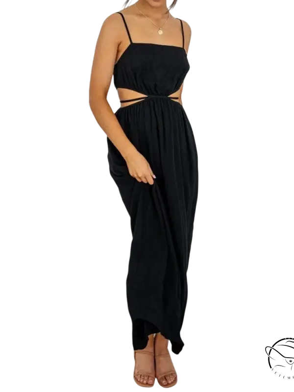 Boho cami dress: black sleeveless maxi with cutout waist and thin straps