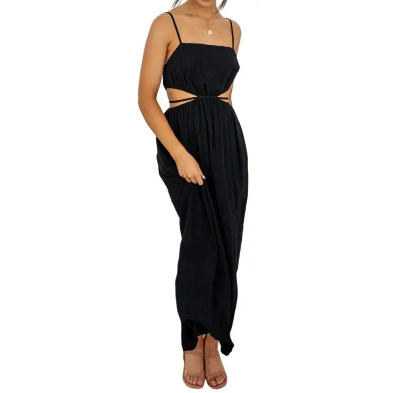 Black sleeveless maxi Cami Dress with cutout waist, ideal for summer fashion and vacations