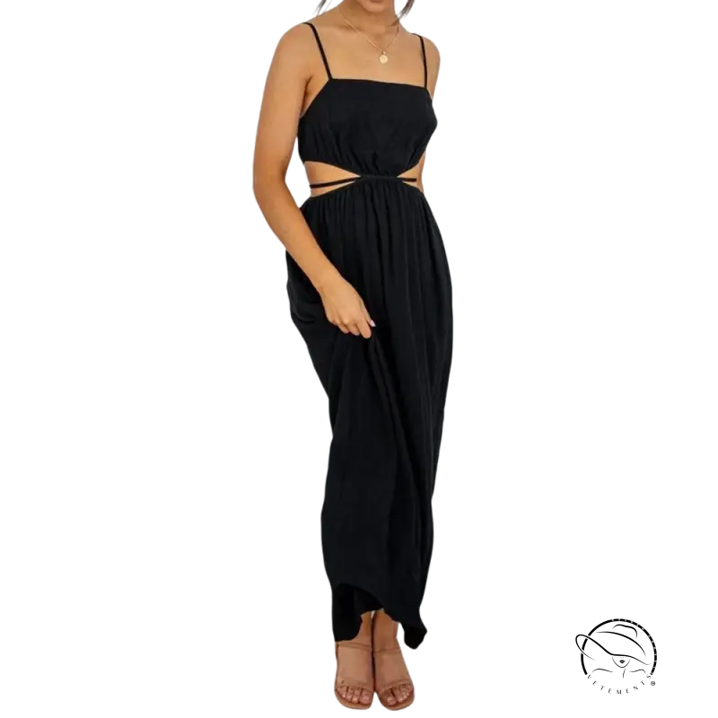 Boho cami dress: black sleeveless maxi with cutout waist and thin straps