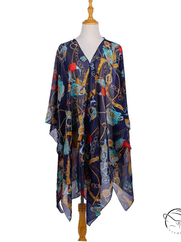 Colorful equestrian chiffon swimsuit blouse robe on navy background