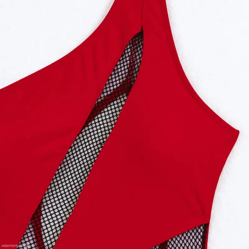 Red one-shoulder mesh paneling piece swimsuit from Langry with free shipping