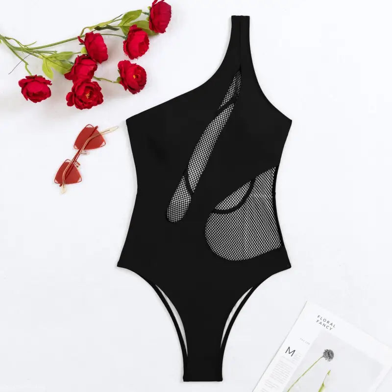 Black one-shoulder mesh cutout piece swimsuit from Boho Color Block Asymmetric Swimsuit with free shipping