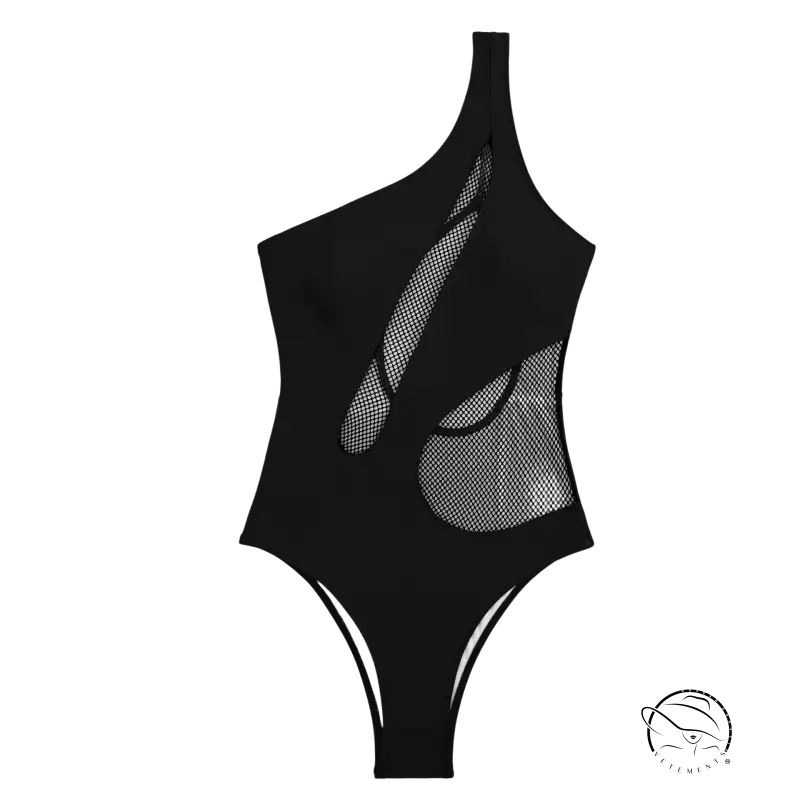 Black one-shoulder one piece swimsuit with mesh cutouts by Langry, free shipping