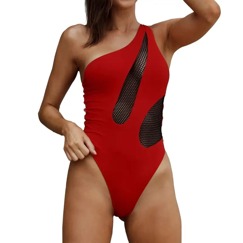 Red one-shoulder swimsuit with mesh cutouts from Boho Color Block Asymmetric Swimsuit, perfect piece swimsuit with free shipping for langry beachwear enthusiasts