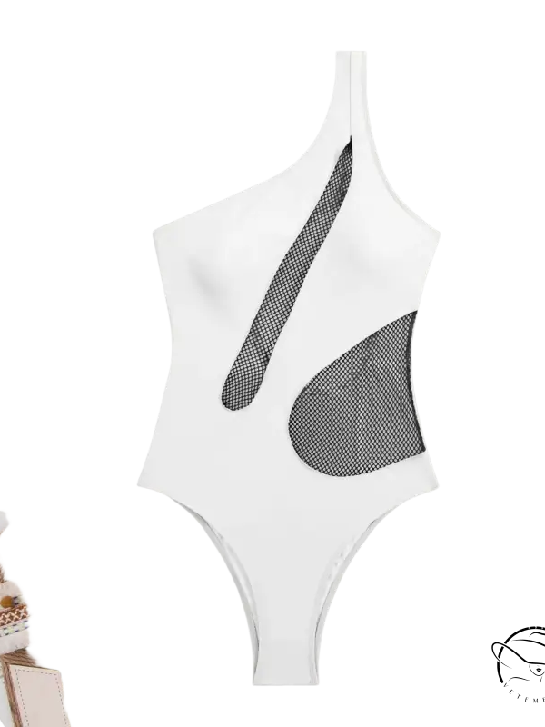 White one-shoulder piece swimsuit with mesh cutouts by Langry, free shipping