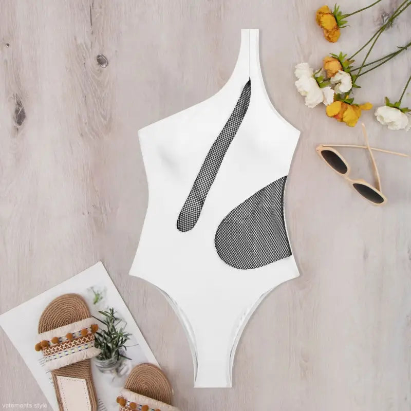 White one-shoulder mesh cutout piece swimsuit from Boho Color Block Asymmetric Swimsuit with free shipping