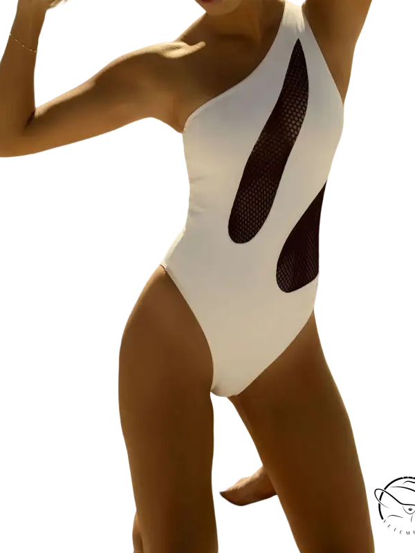 White one-shoulder one piece swimsuit with mesh cutouts by Langry, free shipping