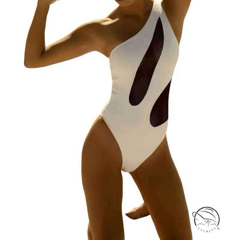 White one-shoulder one piece swimsuit with mesh cutouts by Langry, free shipping