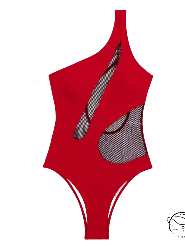 Red boho one-shoulder one piece swimsuit with mesh cutouts, free shipping by Langry