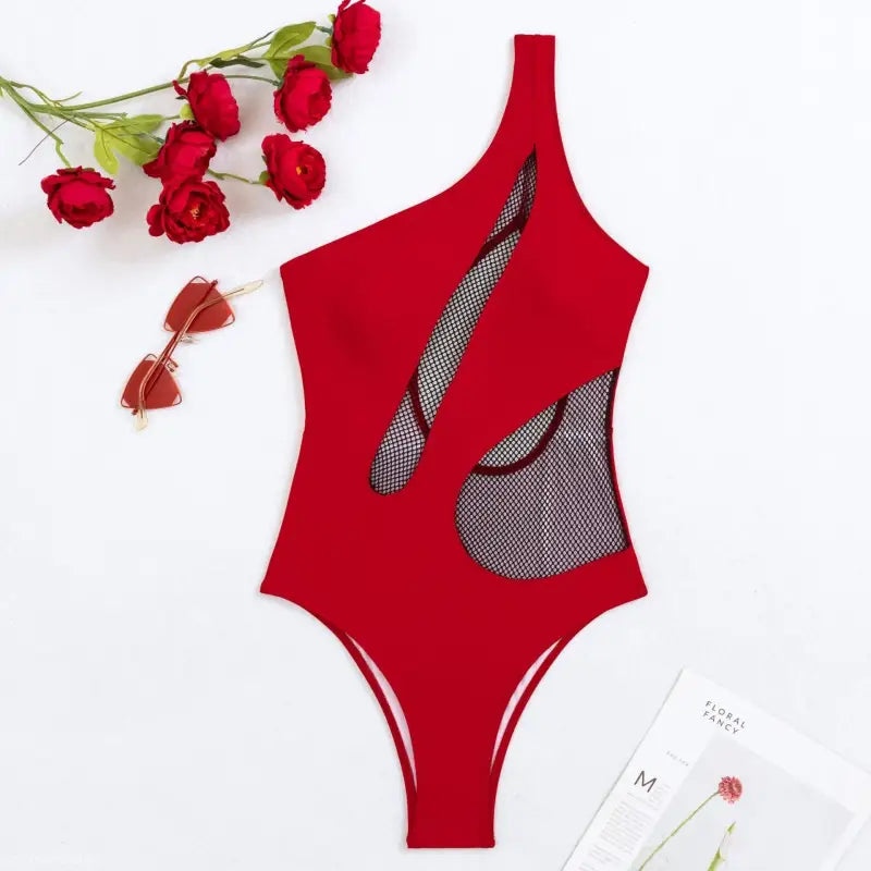 Red one-shoulder mesh cutout piece swimsuit from Boho Color Block Asymmetric Swimsuit with free shipping
