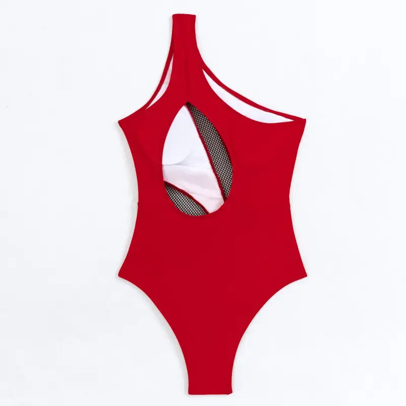 Red one-shoulder piece swimsuit with cutout from Boho Color Block Asymmetric Swimsuit, free shipping