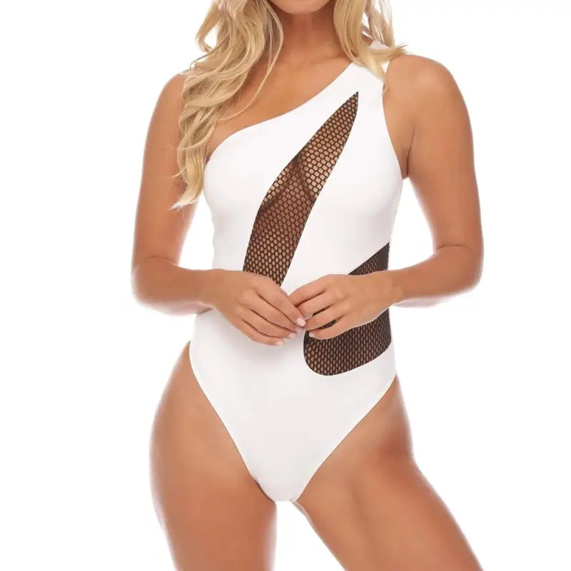 White one-shoulder mesh panel piece swimsuit from Boho Color Block Asymmetric Swimsuit with free shipping