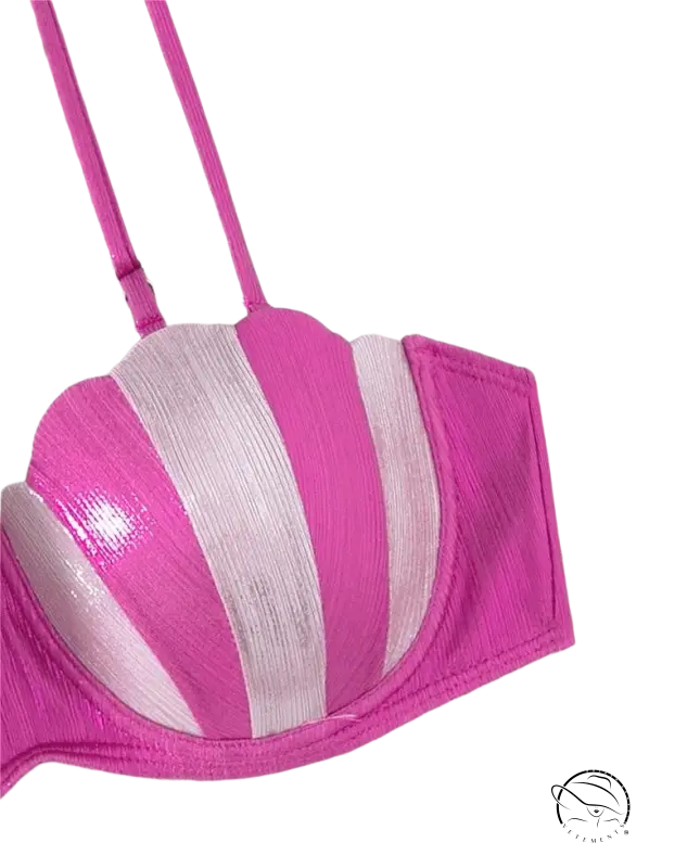 Vibrant pink white striped strapless bra in sexy mermaid bikini swimsuit