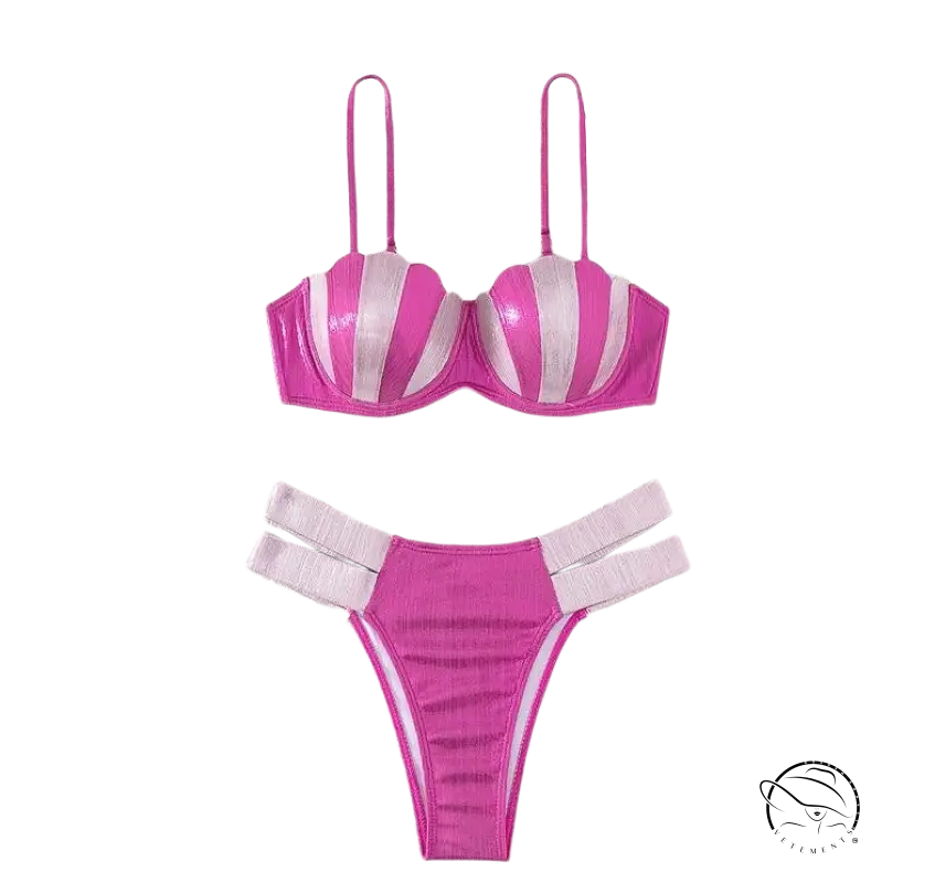Vibrant pink and silver mermaid bikini swimsuit with satin finish