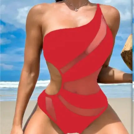 Red one-shoulder cutout piece swimsuit with sheer mesh panels, free shipping available