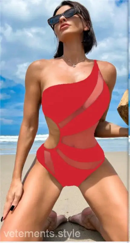 Red one-shoulder cutout piece swimsuit with sheer mesh panels, free shipping available