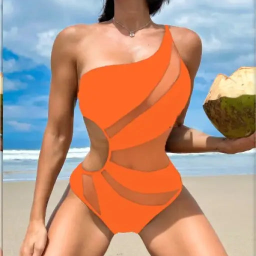 Orange one-shoulder piece swimsuit with sheer mesh cut-outs, free shipping available