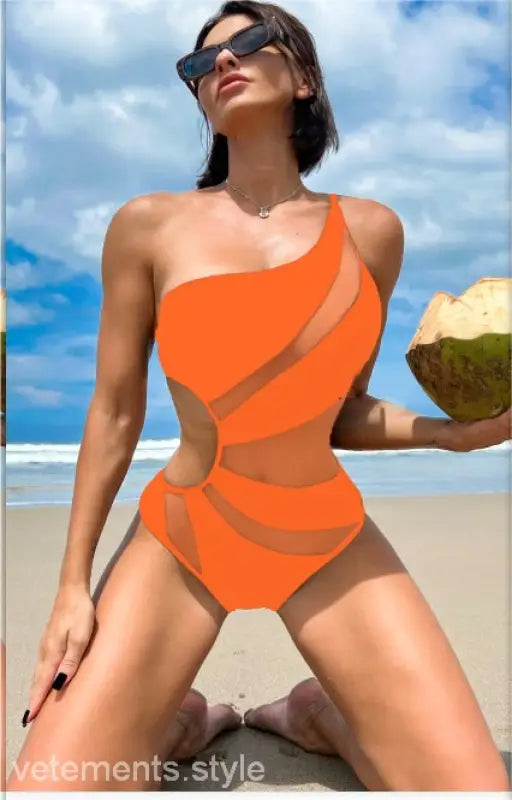 Orange one-shoulder piece swimsuit with sheer mesh cut-outs, free shipping available