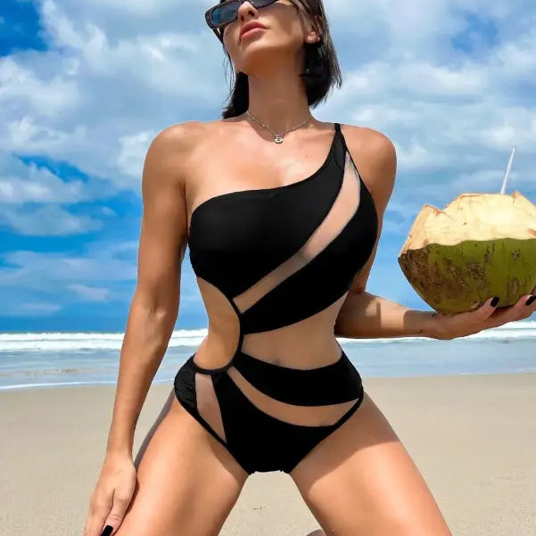 Black one-shoulder piece swimsuit with sheer mesh cutouts, free shipping, Langry style