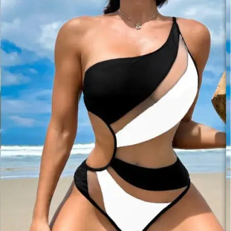 Black and white one-shoulder cutout piece swimsuit with free shipping by Langry