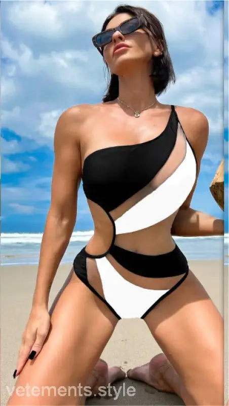 Black and white one-shoulder cutout piece swimsuit with free shipping by Langry