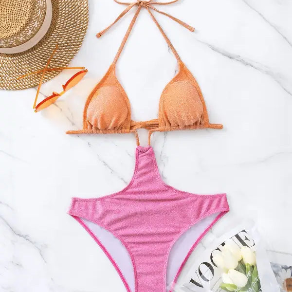 Orange and pink bikini in Boho Color Block Cutout Tie Sleeve Swimsuit, piece swimsuit bikini - sold with free shipping