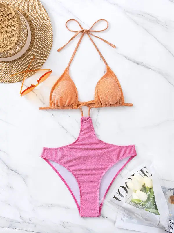 Orange and pink bikini in Boho Color Block Cutout Tie Sleeve Swimsuit, piece swimsuit bikini - sold with free shipping