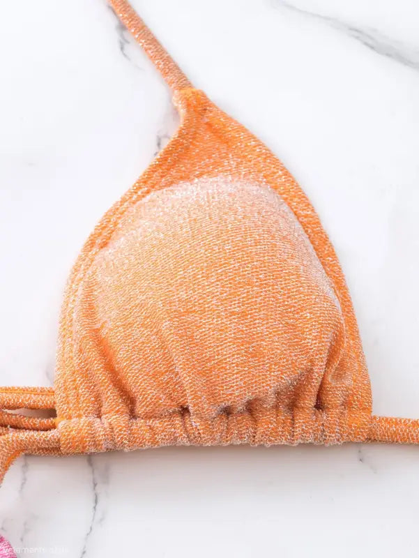 Orange triangle bikini top from Boho Color Block Cutout Tie Sleeve Swimsuit, sold with free shipping